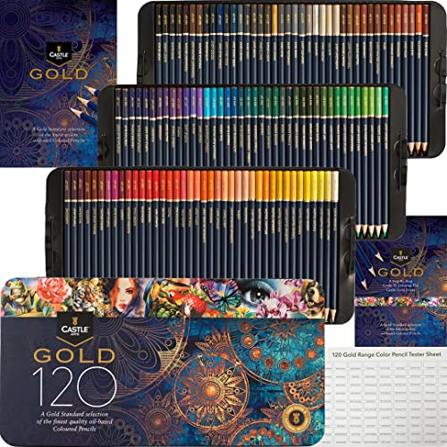 Castle Art Supplies Caja 120 Lápices Colores Calidad Oro | Minas Color a Base Aceite, Aportan Nitidez y Resistencia Roturas | Artistas e Ilustradores | En Caja Metálica de Presentación