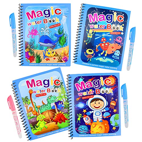 ZJRung 4 Piezas Libro Magico Pintar Agua Pintar Magic Water Infantil Book Mágico Plumas Doodle Infantil Book Magica Dibujo Pintura con 4 Bolígrafos para Niños