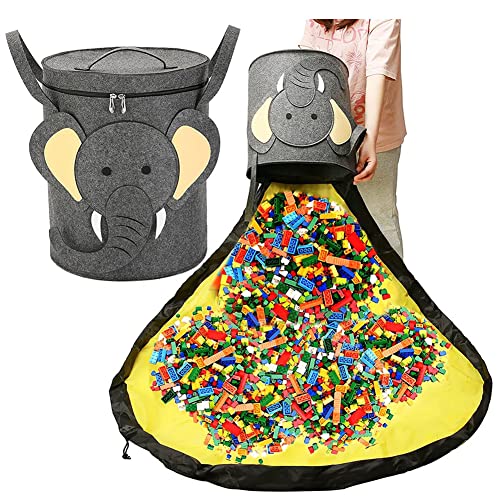 Cesta de Almacenamiento de Juguete plegable y Play Mat, Portátil Bolsa Juguetes Almacenaje con Cordón, Bolsa Juguetes Almacenaje niño de Limpieza Rápida, Dibujos animados Toys Organizer (Elefante)