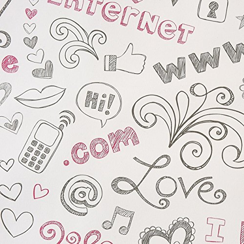 Caselio Only girl 62049040 - Papel pintado de motivos inspirados en internet con fondo blanco y dibujos en rosa y negro