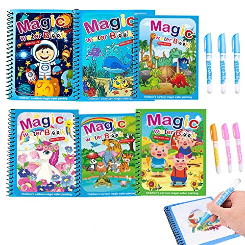 6 Piezas Libro de Dibujo de Agua Mágica Reutilizable,Libros de Pintura de Agua para Niños, con Magico Pluma ,Libros para Colorear Mágicos para Niños, Niñas, Presente
