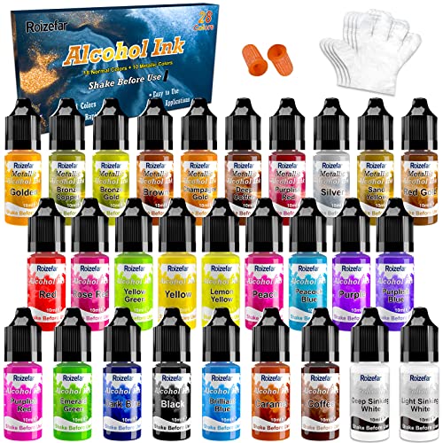 Roizefar Alcohol Ink 28 Botellas Alta Concentración Colores Vibrantes con Tinte Metálico, Pigmentos para Resina Epoxi, Tinta al Alcohol para Resina Epoxi, Pintura Artística
