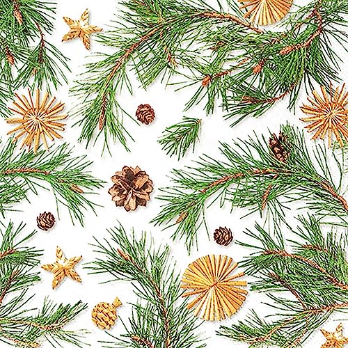 20 servilletas de Navidad con estrellas de paja y piñas en ramas como decoración de mesa. Servilletas de papel con diseño. También para decoupage y decoupage y decoupage (33 x 33 cm)