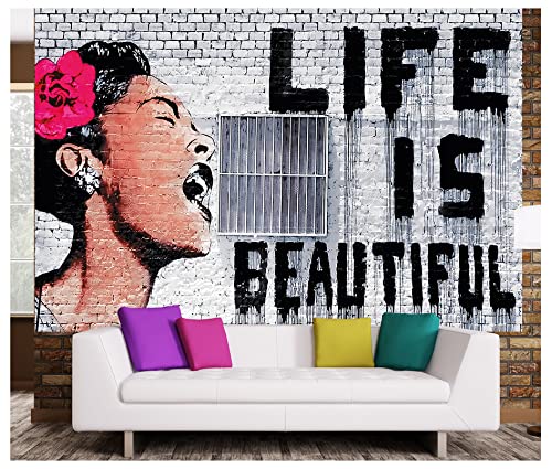 GREAT ART® Mural de Pared – Banksy Graffiti Life Is Beautiful – Mural Estilo Urbano Pop Art Arte Callejero Stencil Plantilla Artista Foto papel tapiz y decoración (210 x 140 cm)