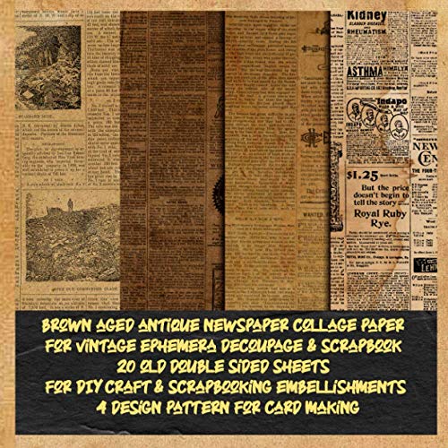 brown aged antique newspaper collage paper for vintage ephemera decoupage & scrapbook 20 old double sided sheets for DIY craft & scrapbooking ... for junk journaling (antique brown newspaper)