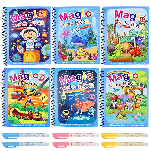 RtottiM 6 Piezas Libro de Dibujo de Agua Mágica Libro Magico Dibujar Agua Niño Libros para Colorear de Agua con 6 Bolígrafos para Niños