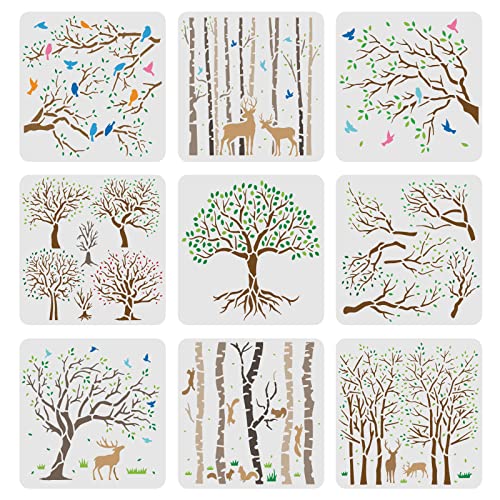 FINGERINSPIRE 9 plantillas de la vida del árbol 20x20cm Aspen Trees/Life Tree Painting Stencil Plantillas de árboles y pájaros voladores para pintar sobre madera, lienzo, papel, tela, suelo