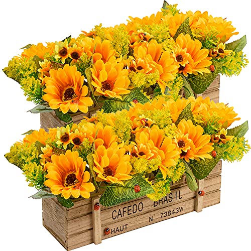 Girasoles artificiales de seda sintética en caja de madera para decoración del hogar, fiestas, bodas, oficinas, patios (girasol, juego de 2)