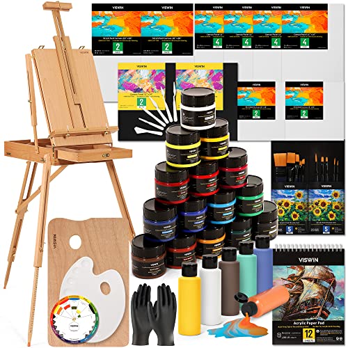 VISWIN Kit de pintura acrílica de lujo, juego de pintura de artista con caballete francés, pinturas acrílicas, pinturas de vertido, pinceles premium, lienzo estirado para adultos, artistas