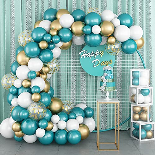 Kit de arco de guirnalda de globos blancos con perla azul turquesa mate globo dorado metálico con confeti globo látex Tiffany globos azules azulados de decoración de fiesta de cumpleaños baby shower