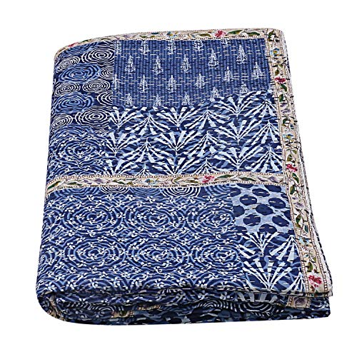 Indian-Shoppers Colcha india de color azul índigo con retazos Kantha hecha a mano manta reversible para dormitorio Gudri Hippie tradicional