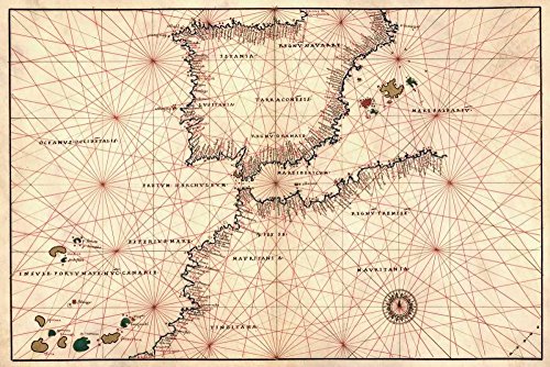 Imagen sobre lienzo enrollado Portolano o mapa de navegación de España, Gibraltar y Norte de África Agnese Battista - Mapas horizontales Arte impreso mapas Lienzo bellas artes 15_X_23_in
