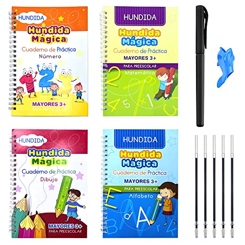 YANSYUN Caligrafia Niños 4 Libros, Cuaderno Reutilizable Caligrafía con Bolígrafos Mágicos y Correctores de Postura de Dedos