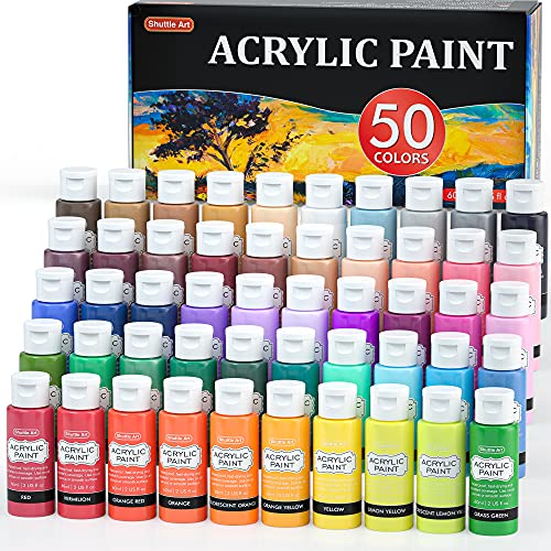 Pintura acrílica, Shuttle Art Juego de 50 colores de pintura acrílica, botellas de 60 ml, rico pigmentado, pinturas acrílicas de para artistas, principiantes y niños en lienzo rocas tela