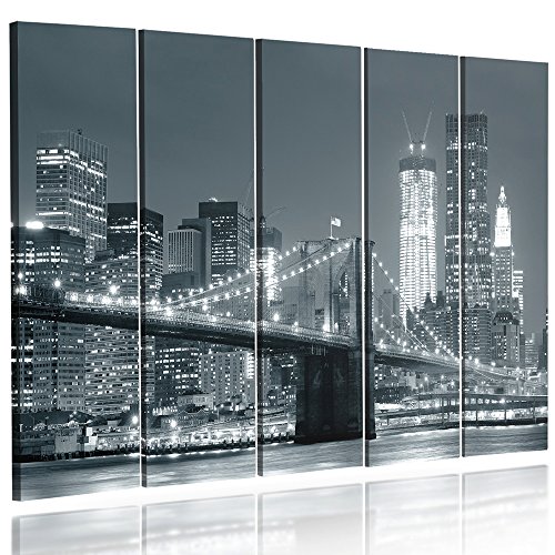 Feeby Frames, Cuadro Grande, Cuadro en lienzo - 5 partes - Cuadro impresión, Cuadro decoración, Canvas XXL, Tipo C, 250x120 cm, PUENTE, CIUDAD, NOCHE, NUEVA YORK, PUENTE BROOKLYN, BLANCO Y NEGRO