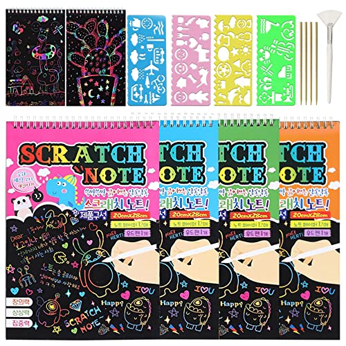 FCXQG Scratch Art para Niños 4Pcs Magic Dibujar Apto Niñas y Papel Negro Rascar con 4 Rotuladores 4Pcs Plantillas Dibujo 1 Cepillo de Limpieza Utilizarse Trazar Notas Garabateadas