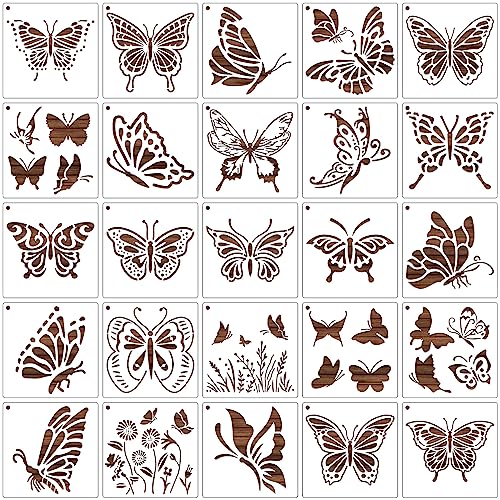 MWOOT 25 Plantillas de Dibujo Mariposa,DIY Butterfly Painting Stencils Templates para Reutilizables,Plástico Plantillas Pintar para en Mueble Tablón Tela Parede Lienzos Decoración(14.7x14.7cm)