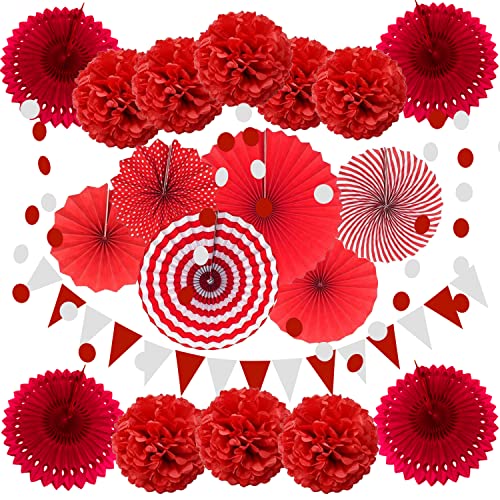 ZERODECO - Decoración de fiestas, 21 abanicos de papel rojo para colgar, pompones, guirnaldas y banderines triangulares para fiestas de cumpleaños, fiestas del bebé, bodas