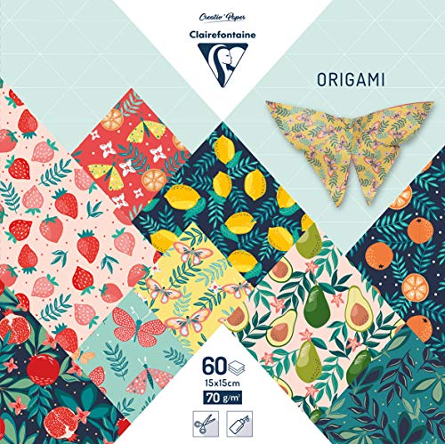Clairefontaine 95357C – 60 hojas de papel origami de 70 g/m², formato 15 x 15 cm, 30 diseños de colores surtidos (2 hojas por motivo), manualidades para adultos y niños, colección Jardín Fruité