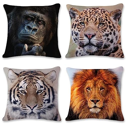 Fundas de Cojines Juego de 4 Cuadradas Funda de Almohada Lino Animal Mundo Funda de Cojín de Doble Cara Decorativa Fundas Cojines Cara para Coche,Hogar,Sofá,Cama 60x60cm