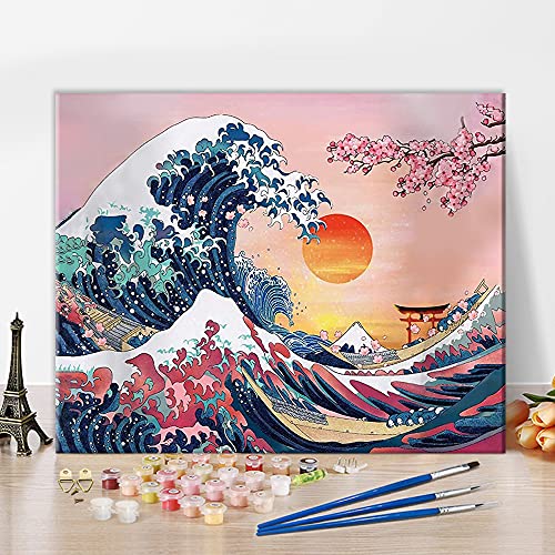 TISHIRON Pintura por números para niños adultos principiantes DIY pintura por números Kanagawa Wave cuadros pintados a mano pintura al óleo para decoración del hogar 50 x 40 cm