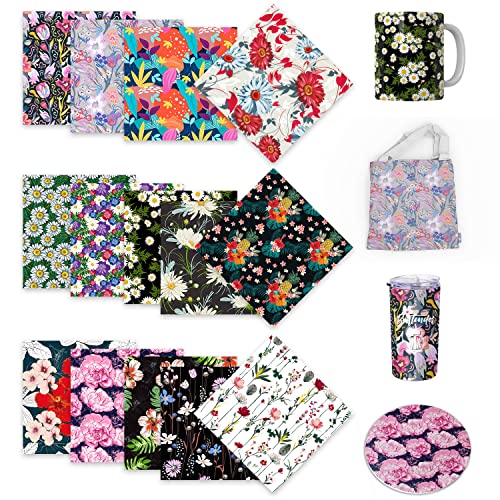 LUCKIGUCK Infusible Transfer Ink Sheets Solid color 14pcs/set, Heat Pre-Printed Sublimation Paper 30,5 x 30,5 cm, Hoja de Transferencia de Colores y Patrones for Mugs and Cloths (Tropical Flowers)