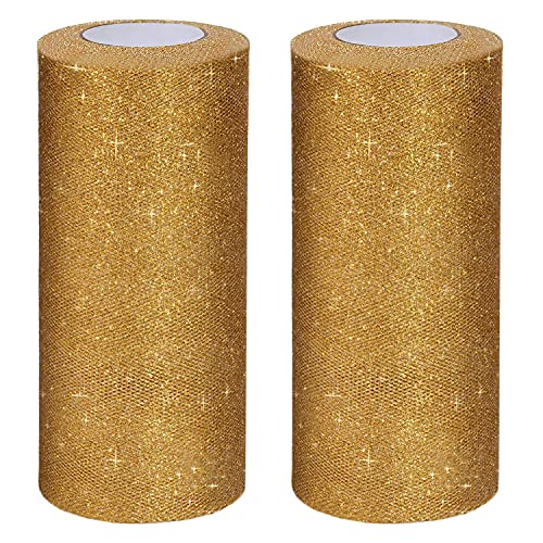 HANDI STITCH Tela de Tul en Rollo (Pack de 2) 15 x 23 m - Rollo Tul Dorado con Purpurina Brillante para Boda/Fiesta de Cumpleaños, Decoraciones, Falda Tutú, Manualidades, Moño de Regalo y Más