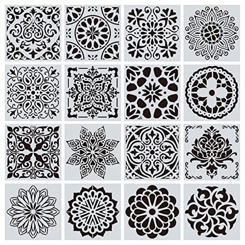 Nuoshen 16 plantillas reutilizables, plantillas de mandala cortadas con láser, plantilla de pintura para manualidades, paredes, álbumes de recortes