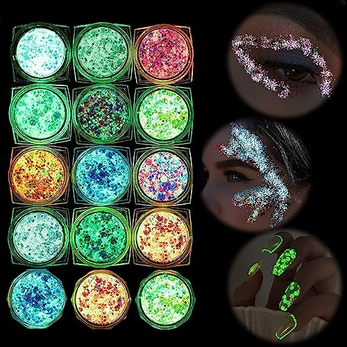 Brillos Corporales Polvo,Luminosas Brillos Paillettes,15 Colores Cosméticos Iridiscente Glitter Para Uñas, Sombra De Ojos, Festival Purpurina, Cara Maquillaje Pelo y Manualidades