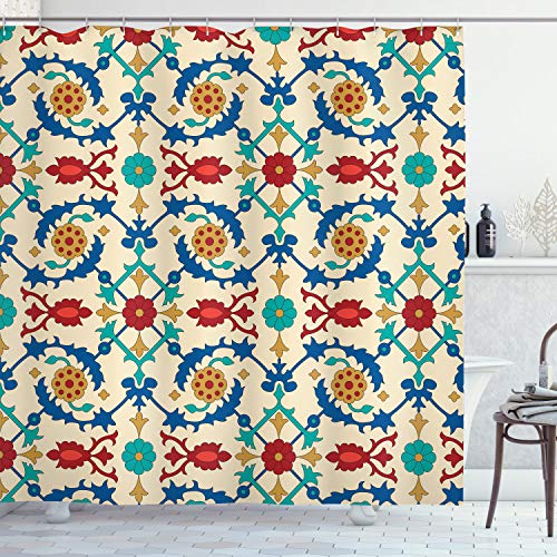 ABAKUHAUS marroquí Cortina de Baño, Barroco Floral, Material Resistente al Agua Durable Estampa Digital, 175 x 200 cm, Multicolor