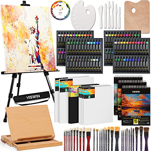 VISWIN 148 piezas Super Deluxe Kit de pintura con 2 caballetes, aceite, acuarela y pintura acrílica, lienzo, pincel, juego de pintura profesional para adultos, artistas