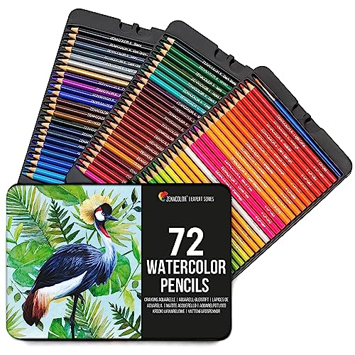 Zenacolor 72 Lapices Acuarelables Pincel y Maletin de Metal Kit de Lápices de Colores - 72 Colores Únicos - Coloreado para Adultos, Artistas Principiantes y Expertos