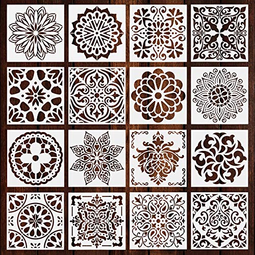 EMAGEREN 16 Pcs Plantillas de Mandalas Plantillas para Pintar Paredes Reutilizables Plantillas para Hacer Mandalas Plantillas de Dibujo para Pintura Sello Tarjeta Manualidades (Blanco, 15 * 15cm)