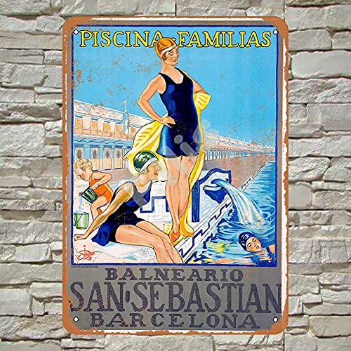 BIGYAK 1932 Familia Piscina Barcelona España Vintage Retro Metal Estaño Decoración de pared para tienda Hombre Cueva Bar Casa Garaje