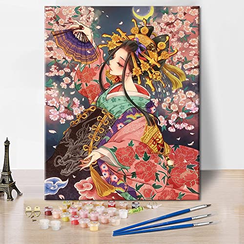TISHIRON Pintura al óleo para adultos y niños, pintura de flores de cerezo y geisha por números para adultos, kits de pintura acrílica por números, sin marco, 16x20 pulgadas