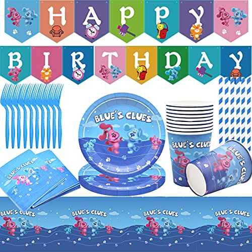 62pcs Juego de Suministros de Fiesta de Blue's Clues para niños, Accesorio de Decoración Fiesta de Cumpleaños con Platos Servilletas Pancarta Vasos y Mantel Resistente para 10 Invitados