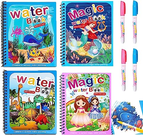 QXNDXQ Libro para colorear con agua, 4 unidades, libro de dibujo mágico, libro de colorear mágico reutilizable con 4 lápices de agua para niños a partir de 3 jóvenes