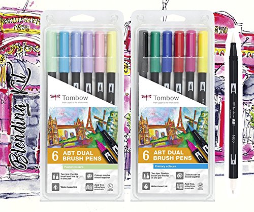 Tombow Rotuladores Dual Brush Pen con dos puntas, juego completo de 6 unidades, colores estándar + colores pastel + N00 para difuminar/colorear (acuarela)