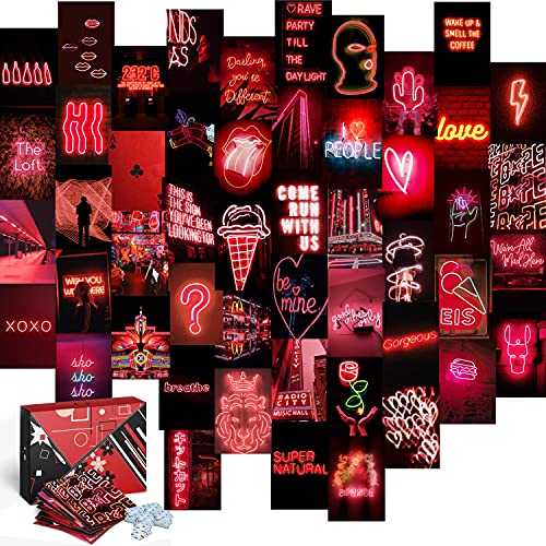 KOLL DECOR Juego de 50 collage estético de pared para decoración de habitación, 10 x 15 cm, impresiones de neón rojo oscuro, kit de collage de pared, para adolescentes, niñas, Academia, dormitorio,