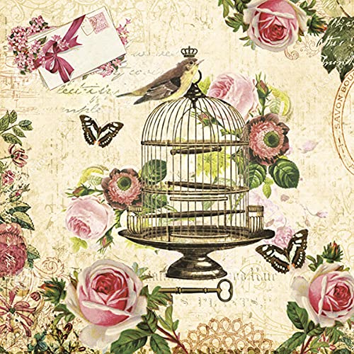 Jaula de pájaros para decoupage y decoupage con pájaros y rosas (20 unidades, 33 x 33 cm)