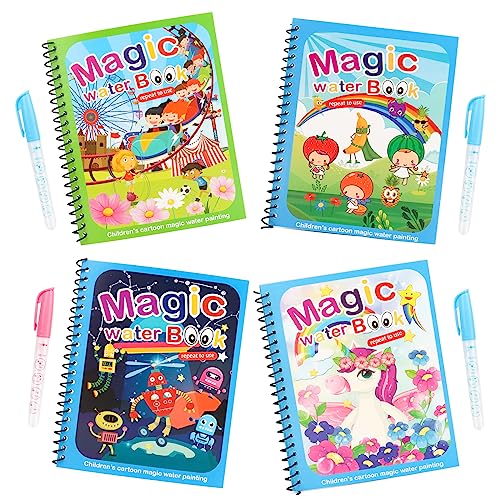 4 Piezas Libro de Dibujo de Agua Mágica Reutilizable,Libros de Pintura de Agua para Niños, Magic Water Book Libro Infantil con 4 Magico Pluma ,Libros para Colorear Mágicos para Niños, Niñas, Presente