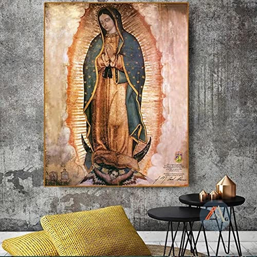 Cuadro de pintura al óleo de la Virgen María de Guadalupe, póster de ilustraciones abstractas modernas, impresión en lienzo, arte de pared, Mural para decoración del hogar, 90x123cm con marco