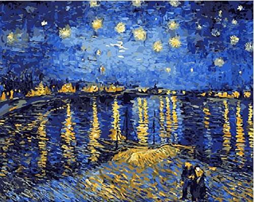Artnapi Pintura por números para adultos y niños con marco de 40 x 50 cm (noche estrellada en la Rhone Van Gogh) - Pintura al óleo sobre lienzo DIY Regalo - Anti-estrés, aprender a pintar