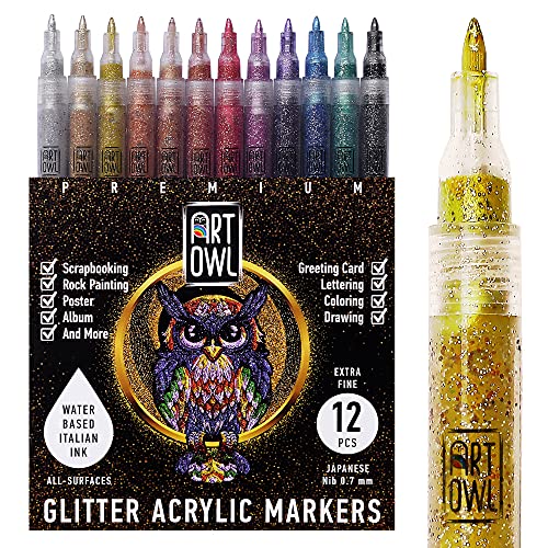 Art Owl Rotuladores de pintura con purpurina acrílica, punta ultra fina de 0,7 mm, para pintura de roca, piedra, vidrio de cerámica, madera, álbumes de fotos, cartulina, lienzo, manualidades, juego