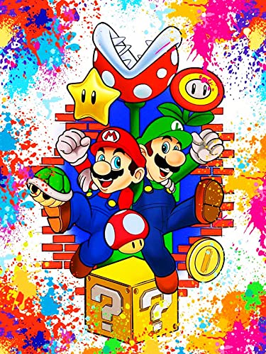 JUNDAJC Mario Bros Diamond Painting Kits para Niños Anime DIY 5D Completo Cristal Pintura de Diamante Set para Adultos Redondo Taladro Cuadro de Diamantes Kits para Hogar Decoración Navidad 30x40cm