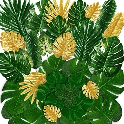 PietyPet Hojas de palma artificiales, 98 unidades de 12 tipos de hojas tropicales, hojas de palma de monstera con tallos, hoja de plátano para decoración de mesa de playa hawaiana