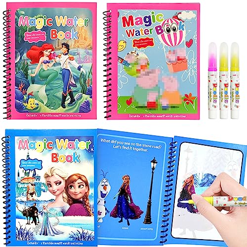 3 Piezas Pintar con Agua Niños,Agua Dibujo Pintur Reutilizable,Libro Mágico Agua con 3 Pen,Libros de Pintar con Agua,Magica Dibujo Pintura (girl)