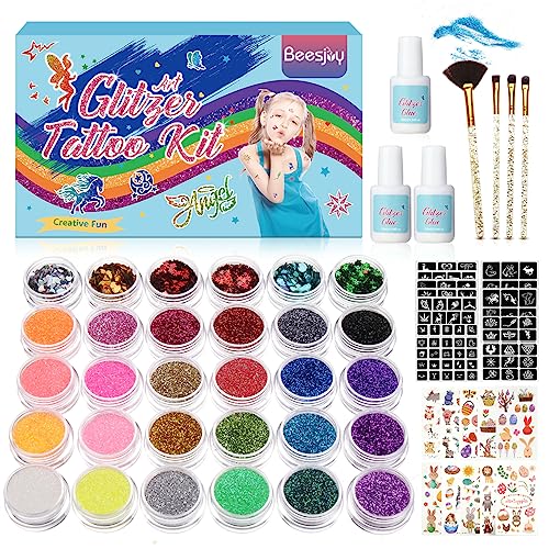 Kit de Tatuajes Purpurina Temporales, Beesjuy 30 Colores Tatuajes para Niños,200 Pegatinas,133 Plantillas, 4 Pinceles, 3 Pegamentos, Kit de Tatuaje Purpurina para Niños, Regalo para Niños