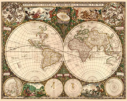ART-CANVAS-estirado-on-WOODEN BARRAS Mapa del mundo De Wit Frederick - Mapas horizontales imágenes mapas del mundo Mapas Bellas artes impresión 32_X_40_in