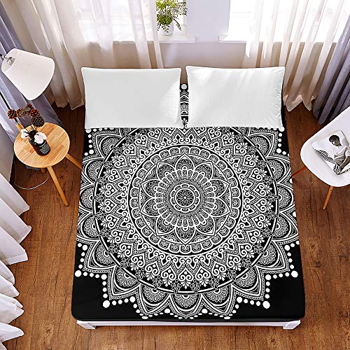 Sábana Bajera Ajustable Colchones Decorativa, Chickwin Microfibra 3D Bohemia Impresión Suave Cómoda Transpirable Tela- Elástico en el Borde Bolsillo Profundo 30cm (Mandala Negro,150x200x30cm)